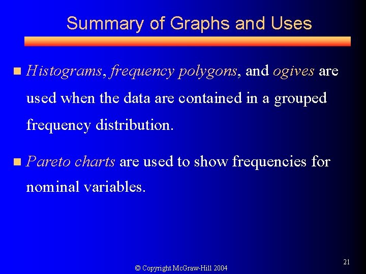 Summary of Graphs and Uses n Histograms, frequency polygons, and ogives are used when