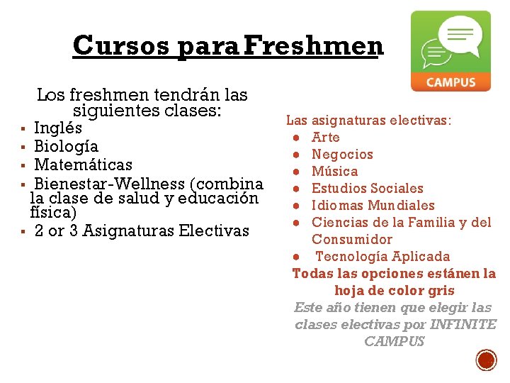 Cursos para Freshmen Los freshmen tendrán las siguientes clases: Inglés Biología Matemáticas Bienestar-Wellness (combina