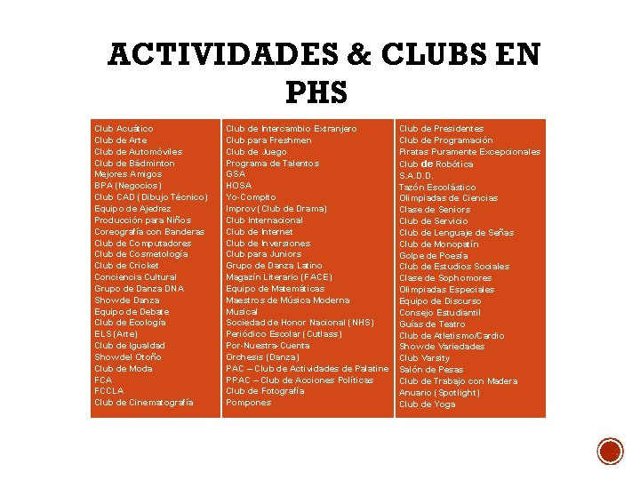 ACTIVIDADES & CLUBS EN PHS Club Acuático Club de Arte Club de Automóviles Club