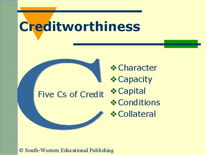 Creditworthiness v Character v Capacity Five Cs of Credit v Capital v Conditions v