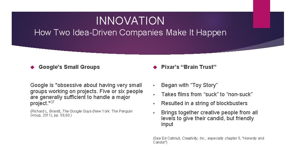 INNOVATION How Two Idea-Driven Companies Make It Happen Pixar’s “Brain Trust” Google is "obsessive