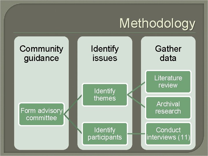 Methodology Community guidance Identify issues Identify themes Form advisory committee Identify participants Gather data