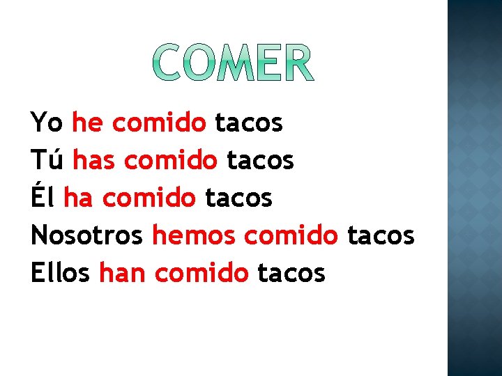 Yo he comido tacos Tú has comido tacos Él ha comido tacos Nosotros hemos