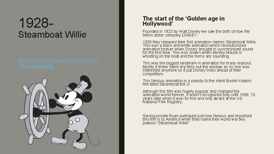 1928 - Steamboat Willie https: //www. youtube. com/watch? v= 7 NQyzc. Dn. Md. E