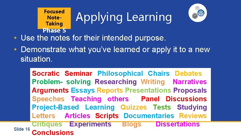 Focused Note. Taking Applying Learning Phase 5 • Use the notes for their intended