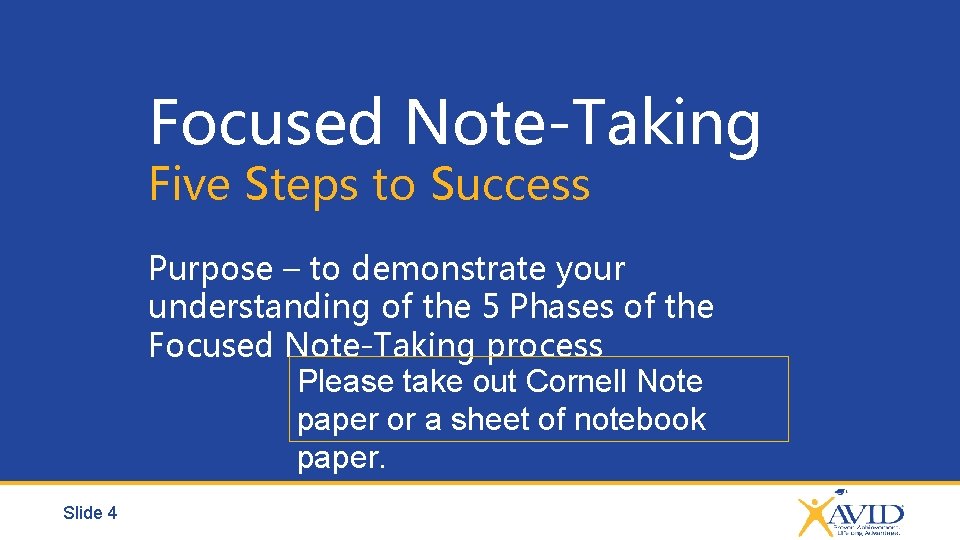 Focused Note-Taking Five Steps to Success Purpose – to demonstrate your understanding of the