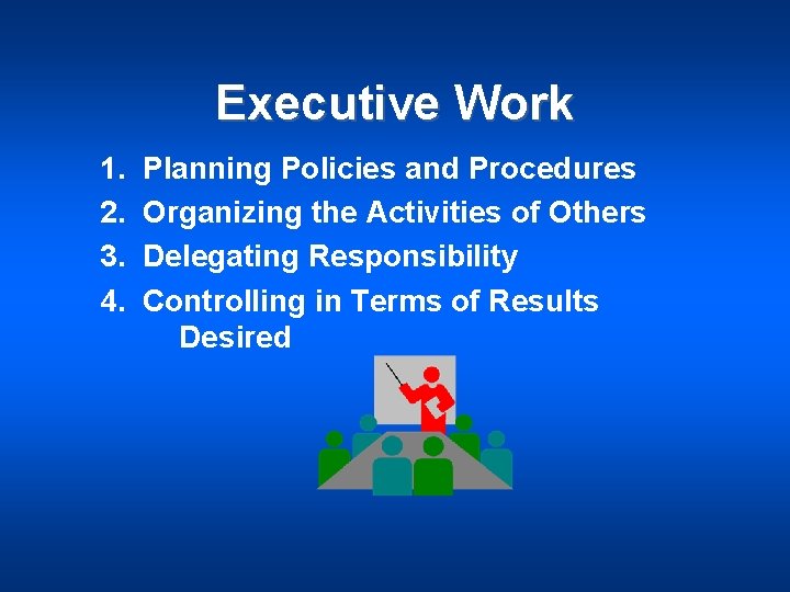 Executive Work 1. 2. 3. 4. Planning Policies and Procedures Organizing the Activities of