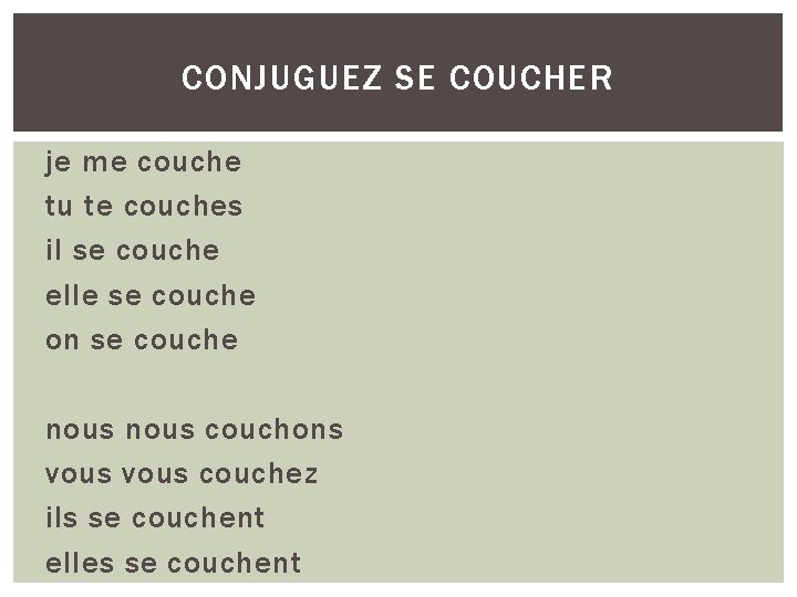 CONJUGUEZ SE COUCHER je me couche tu te couches il se couche elle se