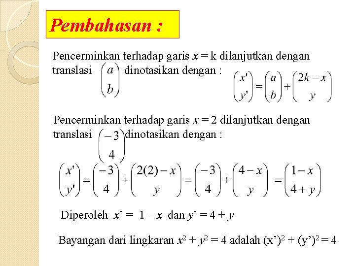 Pembahasan : Pencerminkan terhadap garis x = k dilanjutkan dengan translasi dinotasikan dengan :