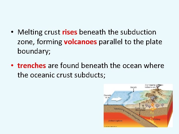  • Melting crust rises beneath the subduction zone, forming volcanoes parallel to the