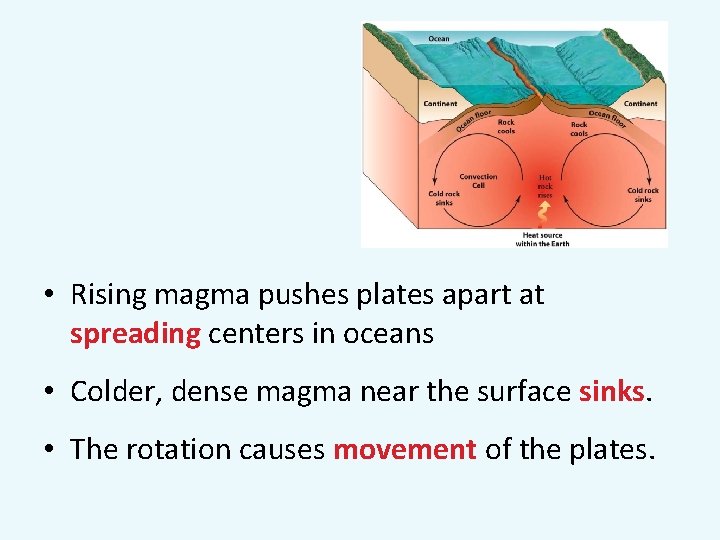  • Rising magma pushes plates apart at spreading centers in oceans • Colder,