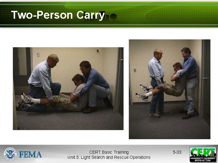 Two-Person Carry CERT Basic Training Unit 5: Light Search and Rescue Operations 5 -33