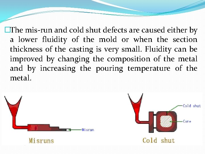 �The mis-run and cold shut defects are caused either by a lower fluidity of