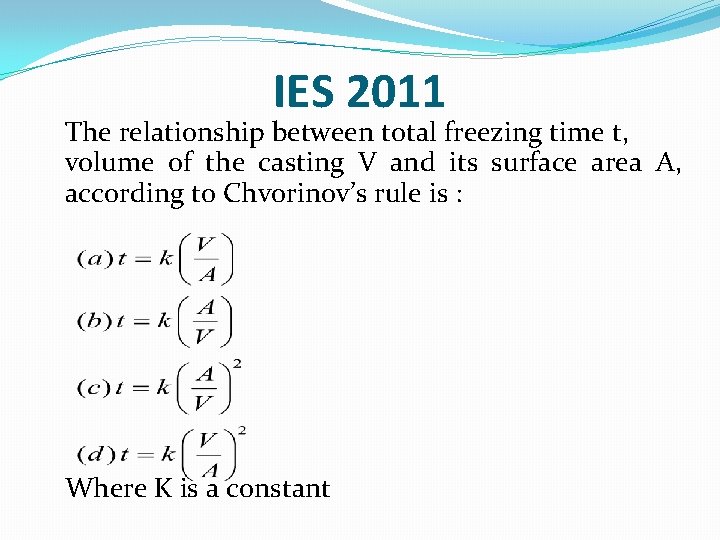 IES 2011 The relationship between total freezing time t, volume of the casting V