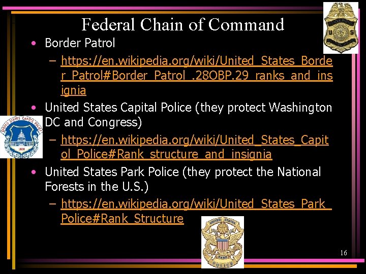 Federal Chain of Command • Border Patrol – https: //en. wikipedia. org/wiki/United_States_Borde r_Patrol#Border_Patrol_. 28