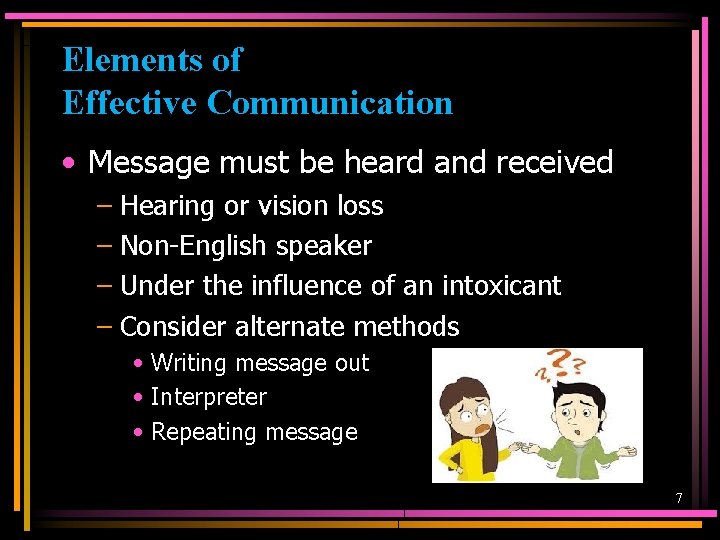 Elements of Effective Communication • Message must be heard and received – Hearing or