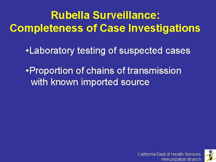 Rubella Surveillance: Completeness of Case Investigations • Laboratory testing of suspected cases • Proportion