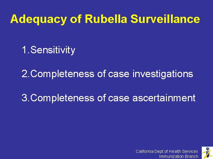 Adequacy of Rubella Surveillance 1. Sensitivity 2. Completeness of case investigations 3. Completeness of