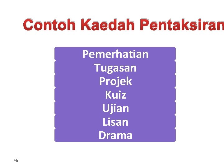 Contoh Kaedah Pentaksiran Pemerhatian Tugasan Projek Kuiz Ujian Lisan Drama 48 