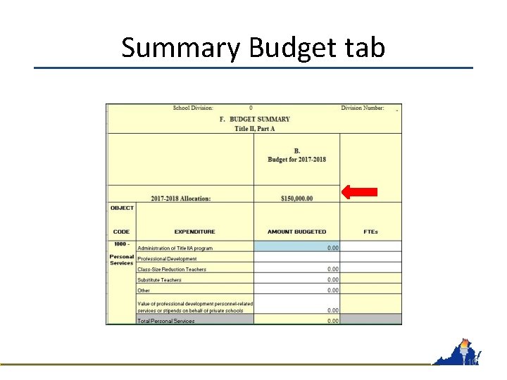 Summary Budget tab 10 