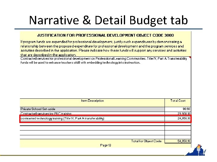 Narrative & Detail Budget tab 15 