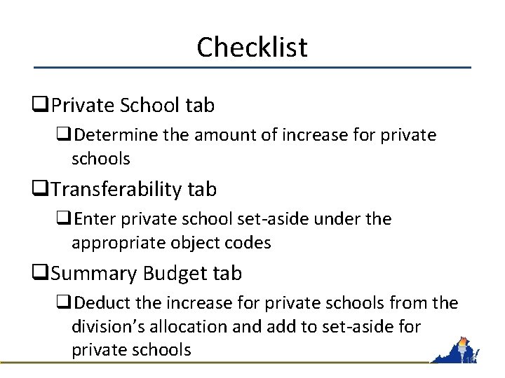 Checklist q. Private School tab q. Determine the amount of increase for private schools