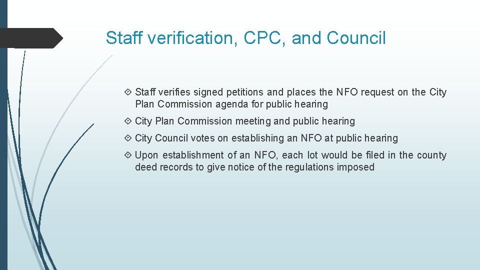 Staff verification, CPC, and Council Staff verifies signed petitions and places the NFO request