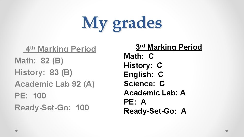 My grades 4 th Marking Period Math: 82 (B) History: 83 (B) Academic Lab