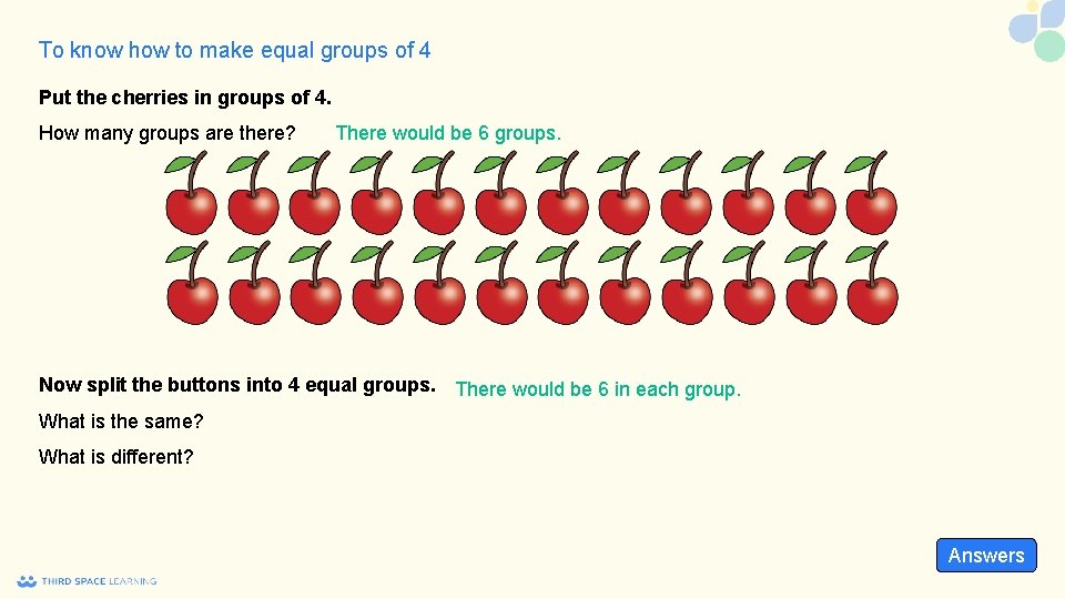 To know how to make equal groups of 4 Put the cherries in groups
