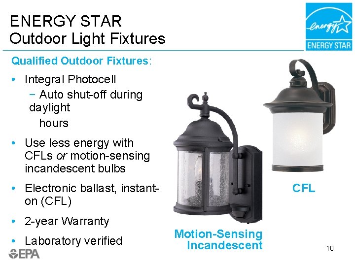 ENERGY STAR Outdoor Light Fixtures Qualified Outdoor Fixtures: • Integral Photocell − Auto shut-off