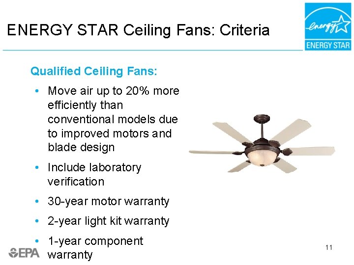 ENERGY STAR Ceiling Fans: Criteria Qualified Ceiling Fans: • Move air up to 20%