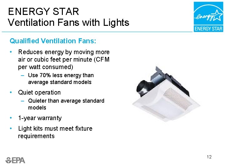ENERGY STAR Ventilation Fans with Lights Qualified Ventilation Fans: • Reduces energy by moving