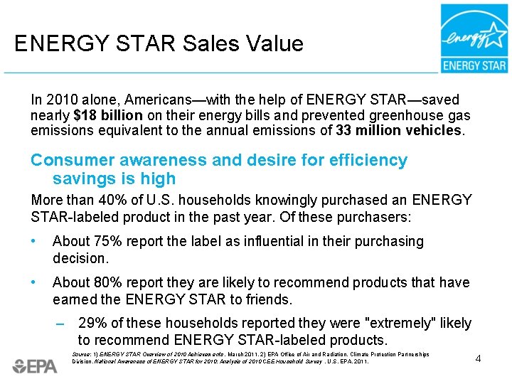 ENERGY STAR Sales Value In 2010 alone, Americans—with the help of ENERGY STAR—saved nearly