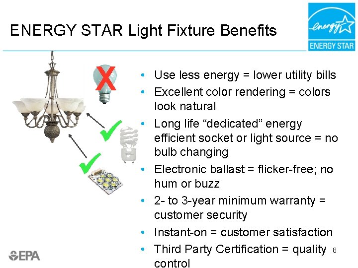 ENERGY STAR Light Fixture Benefits X • Use less energy = lower utility bills
