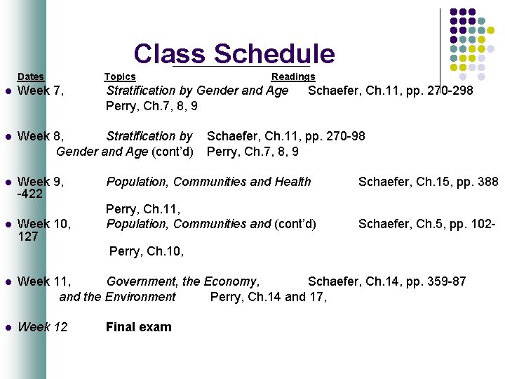 Class Schedule Dates Topics l Week 7, Stratification by Gender and Age Perry, Ch.