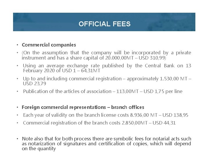 OFFICIAL FEES • Commercial companies • (On the assumption that the company will be