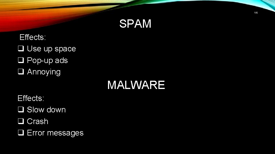14 SPAM Effects: q Use up space q Pop-up ads q Annoying MALWARE Effects: