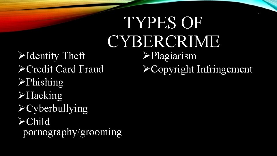 TYPES OF CYBERCRIME ØIdentity Theft ØCredit Card Fraud ØPhishing ØHacking ØCyberbullying ØChild pornography/grooming ØPlagiarism