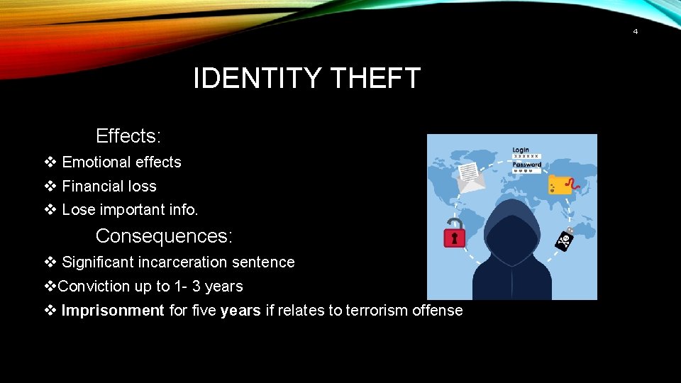 4 IDENTITY THEFT Effects: v Emotional effects v Financial loss v Lose important info.