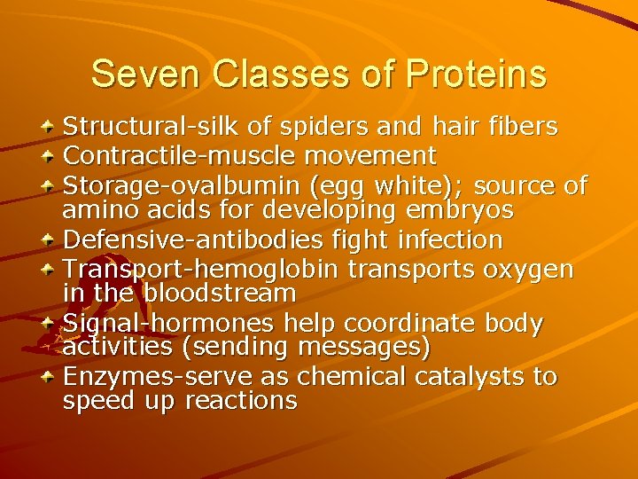 Seven Classes of Proteins Structural-silk of spiders and hair fibers Contractile-muscle movement Storage-ovalbumin (egg Seven Classes of Proteins Structural-silk of spiders and hair fibers Contractile-muscle movement Storage-ovalbumin (egg