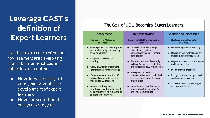 Leverage CAST’s definition of Expert Learners Use this resource to reflect on how learners