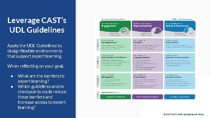 Leverage CAST’s UDL Guidelines Apply the UDL Guidelines to design flexible environments that support