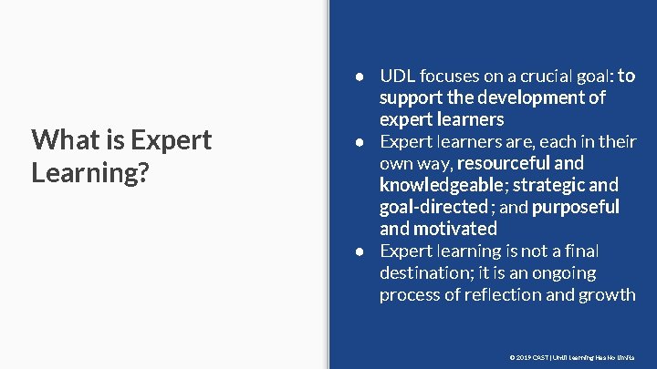 What is Expert Learning? ● UDL focuses on a crucial goal: to support the