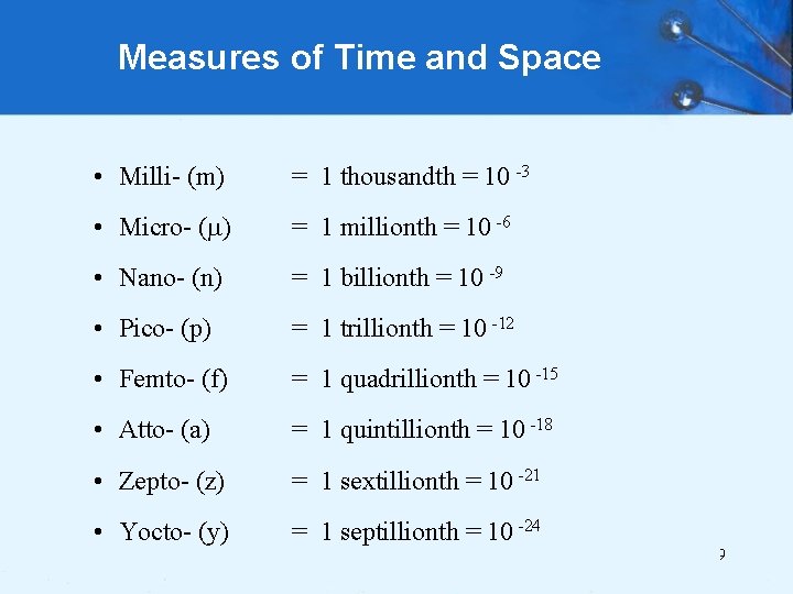 Measures of Time and Space • Milli- (m) = 1 thousandth = 10 -3