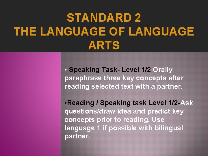 STANDARD 2 THE LANGUAGE OF LANGUAGE ARTS • Speaking Task- Level 1/2 Orally paraphrase
