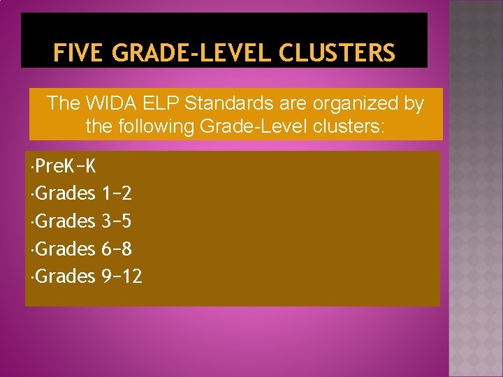 FIVE GRADE-LEVEL CLUSTERS The WIDA ELP Standards are organized by the following Grade-Level clusters: