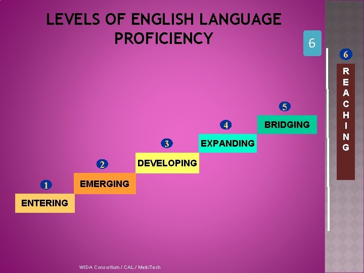 LEVELS OF ENGLISH LANGUAGE PROFICIENCY 6 5 4 3 2 1 DEVELOPING EMERGING ENTERING