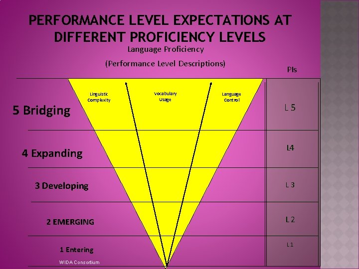 PERFORMANCE LEVEL EXPECTATIONS AT DIFFERENT PROFICIENCY LEVELS Language Proficiency (Performance Level Descriptions) 5 Bridging