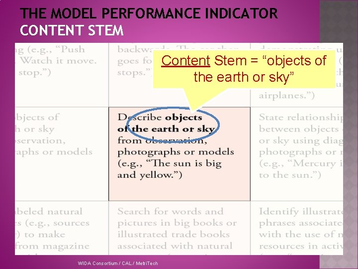 THE MODEL PERFORMANCE INDICATOR CONTENT STEM Content Stem = “objects of the earth or