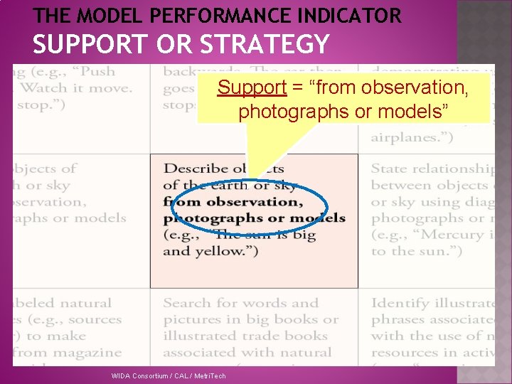 THE MODEL PERFORMANCE INDICATOR SUPPORT OR STRATEGY Support = “from observation, photographs or models”